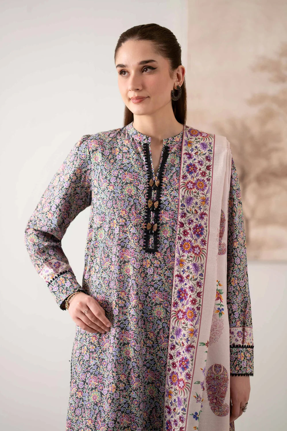 Nishat Linen 3-Piece Digital Printed Embroidered Suit – Charcoal Black & Multi