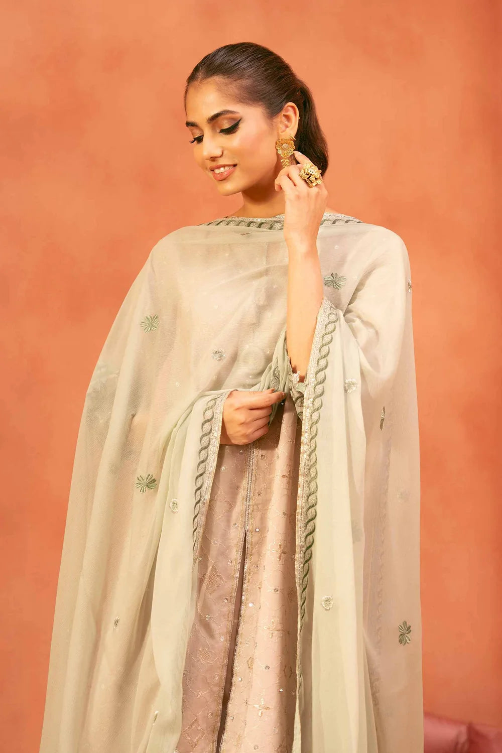 Nishat Linen 3-Piece Embroidered Cross Hatch Suit – Peach Beige