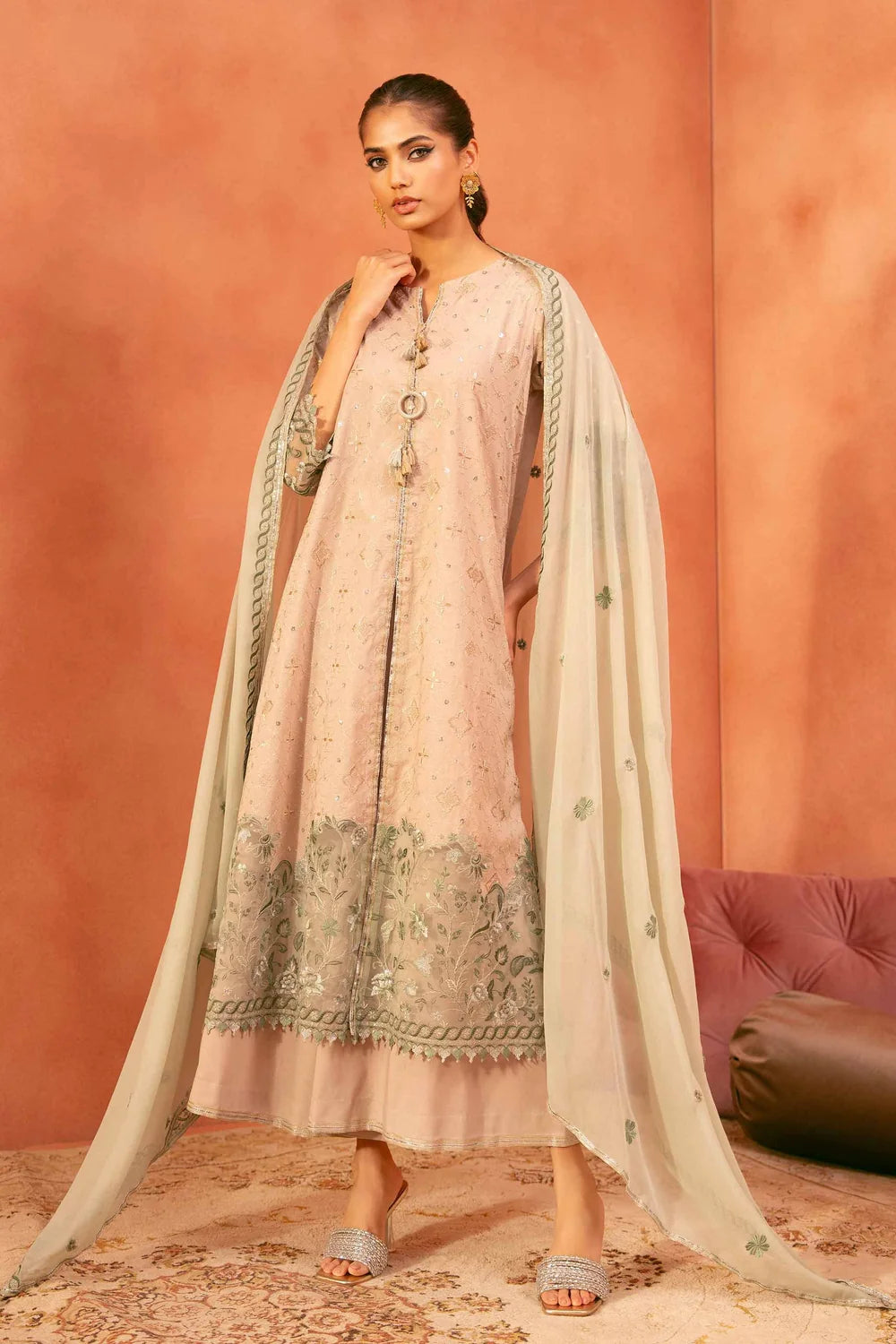 Nishat Linen 3-Piece Embroidered Cross Hatch Suit – Peach Beige