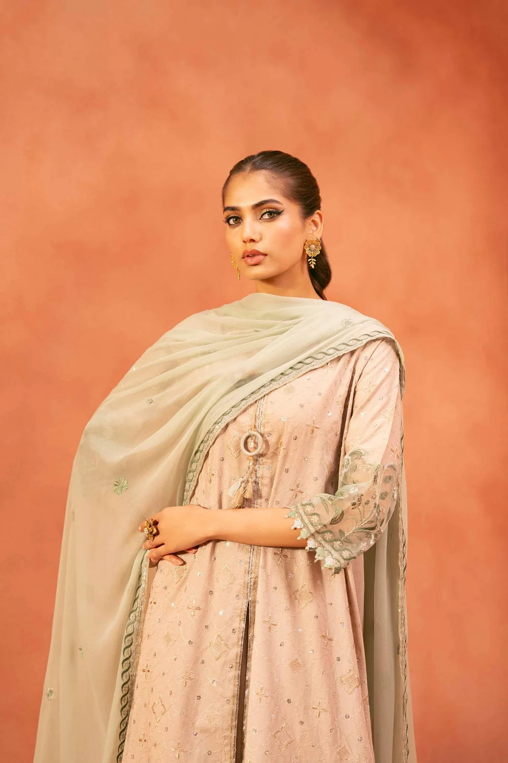 Nishat Linen 3-Piece Embroidered Cross Hatch Suit – Peach Beige