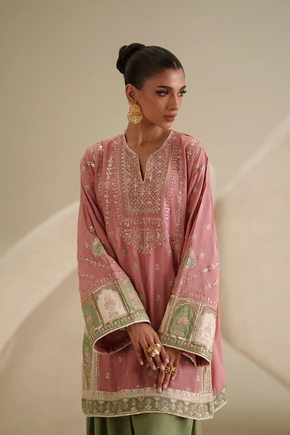 ETHNC Tea Embroidered 2-Piece Viscose Suit with Shalwar - Blush Pink & Olive Green