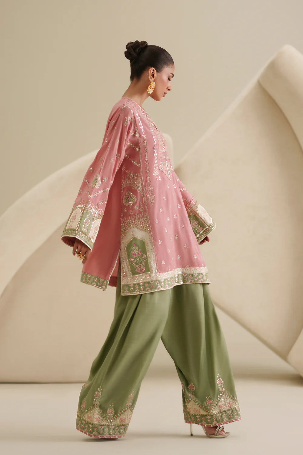 ETHNC Tea Embroidered 2-Piece Viscose Suit with Shalwar - Blush Pink & Olive Green