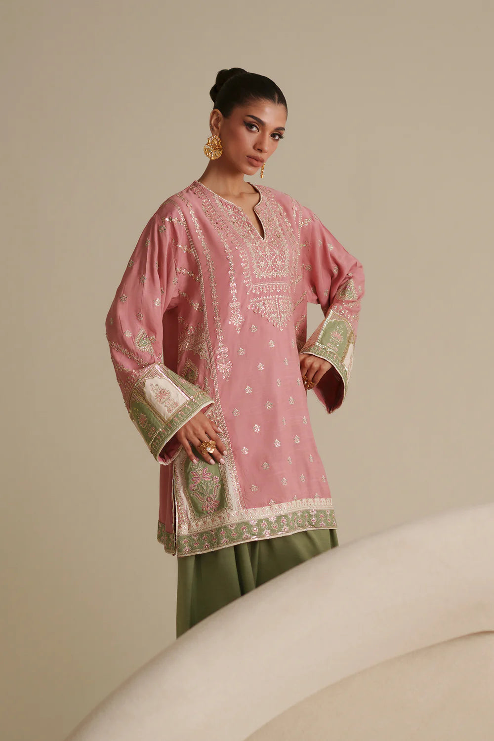 ETHNC Tea Embroidered 2-Piece Viscose Suit with Shalwar - Blush Pink & Olive Green