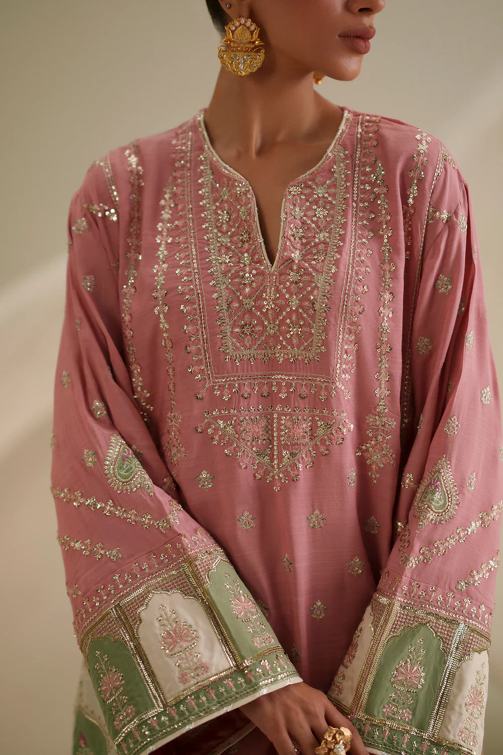 ETHNC Tea Embroidered 2-Piece Viscose Suit with Shalwar - Blush Pink & Olive Green