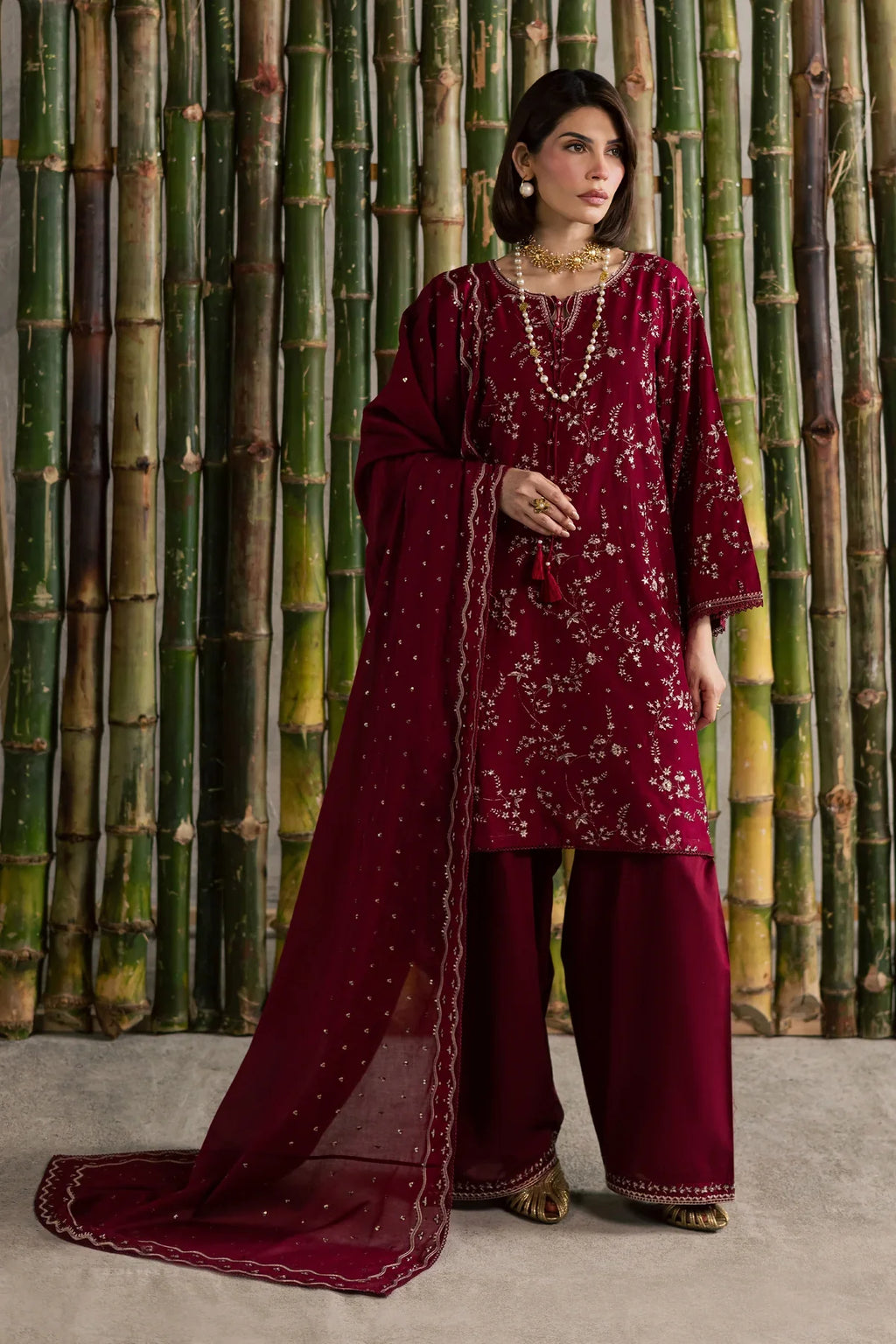 Gulposh by Misbah Embroidered 3-Piece Suit - Deep Maroon