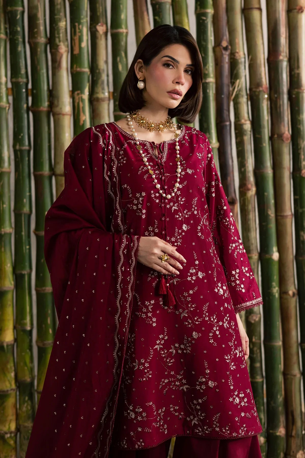 Gulposh by Misbah Embroidered 3-Piece Suit - Deep Maroon