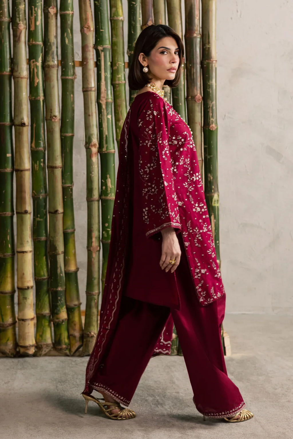 Gulposh by Misbah Embroidered 3-Piece Suit - Deep Maroon