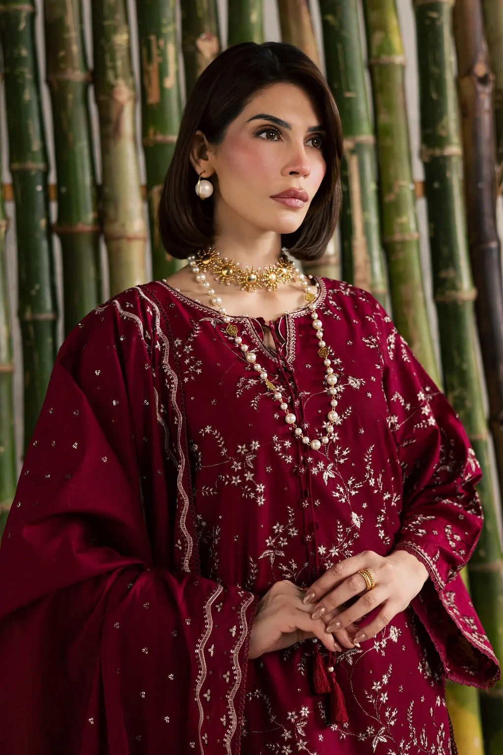 Gulposh by Misbah Embroidered 3-Piece Suit - Deep Maroon
