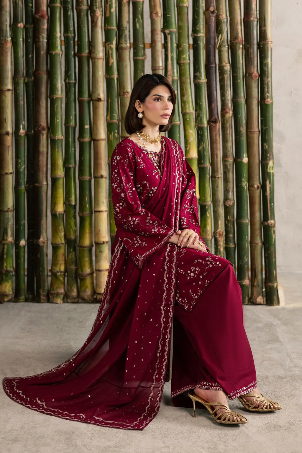 Gulposh by Misbah Embroidered 3-Piece Suit - Deep Maroon