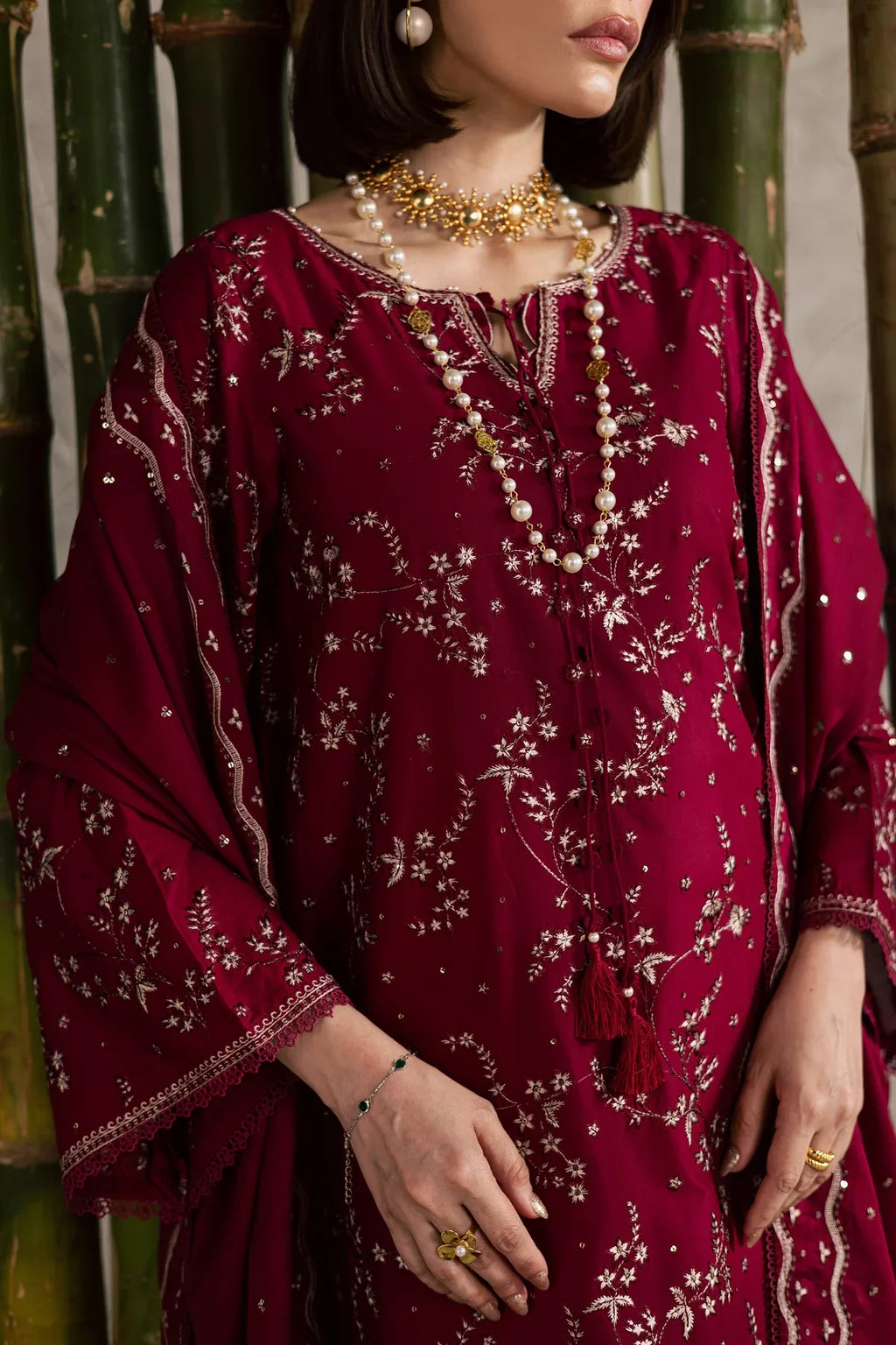 Gulposh by Misbah Embroidered 3-Piece Suit - Deep Maroon