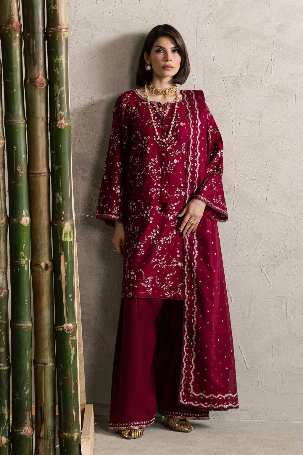 Gulposh by Misbah Embroidered 3-Piece Suit - Deep Maroon