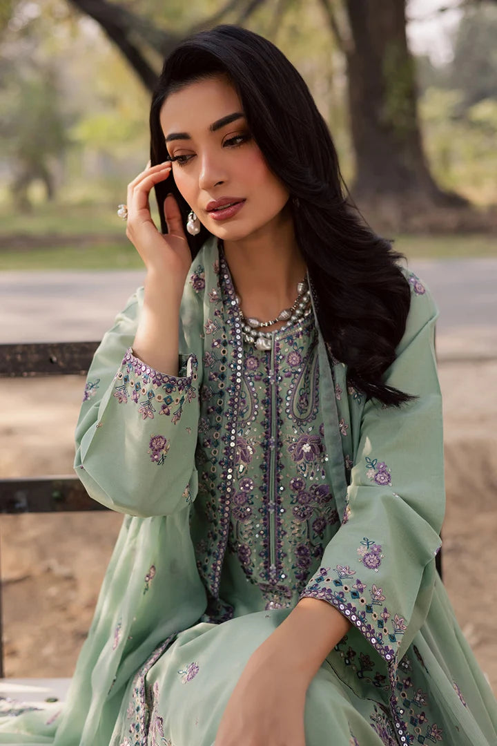 Gulposh by Misbah Embroidered 3-Piece Suit - Sage Green