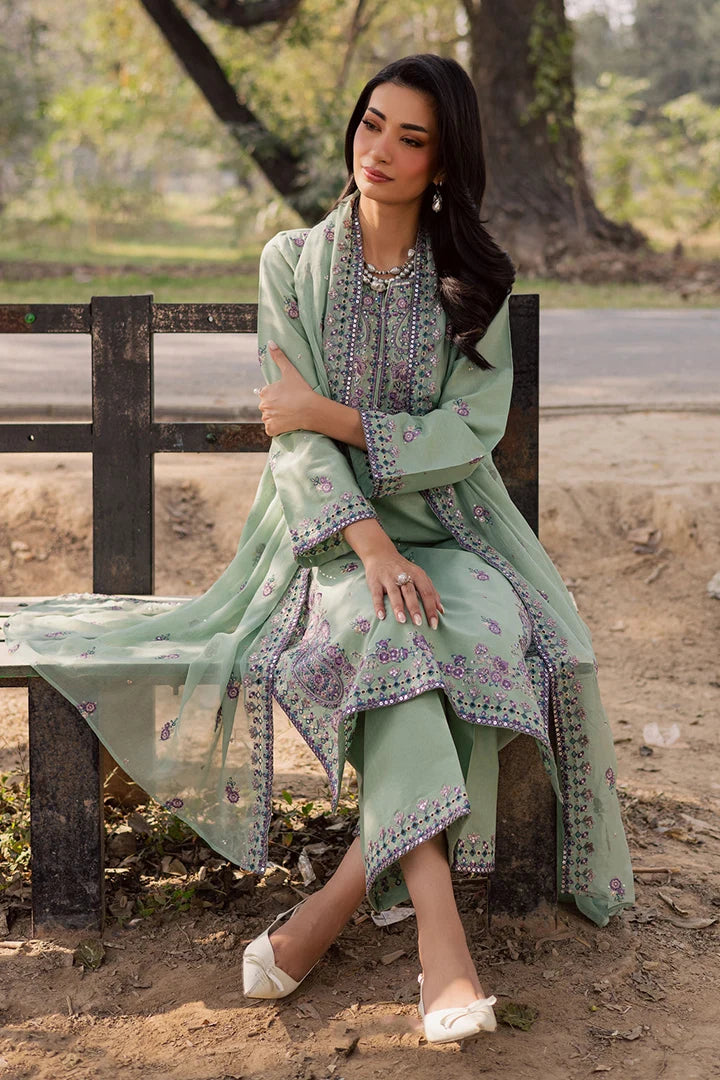 Gulposh by Misbah Embroidered 3-Piece Suit - Sage Green