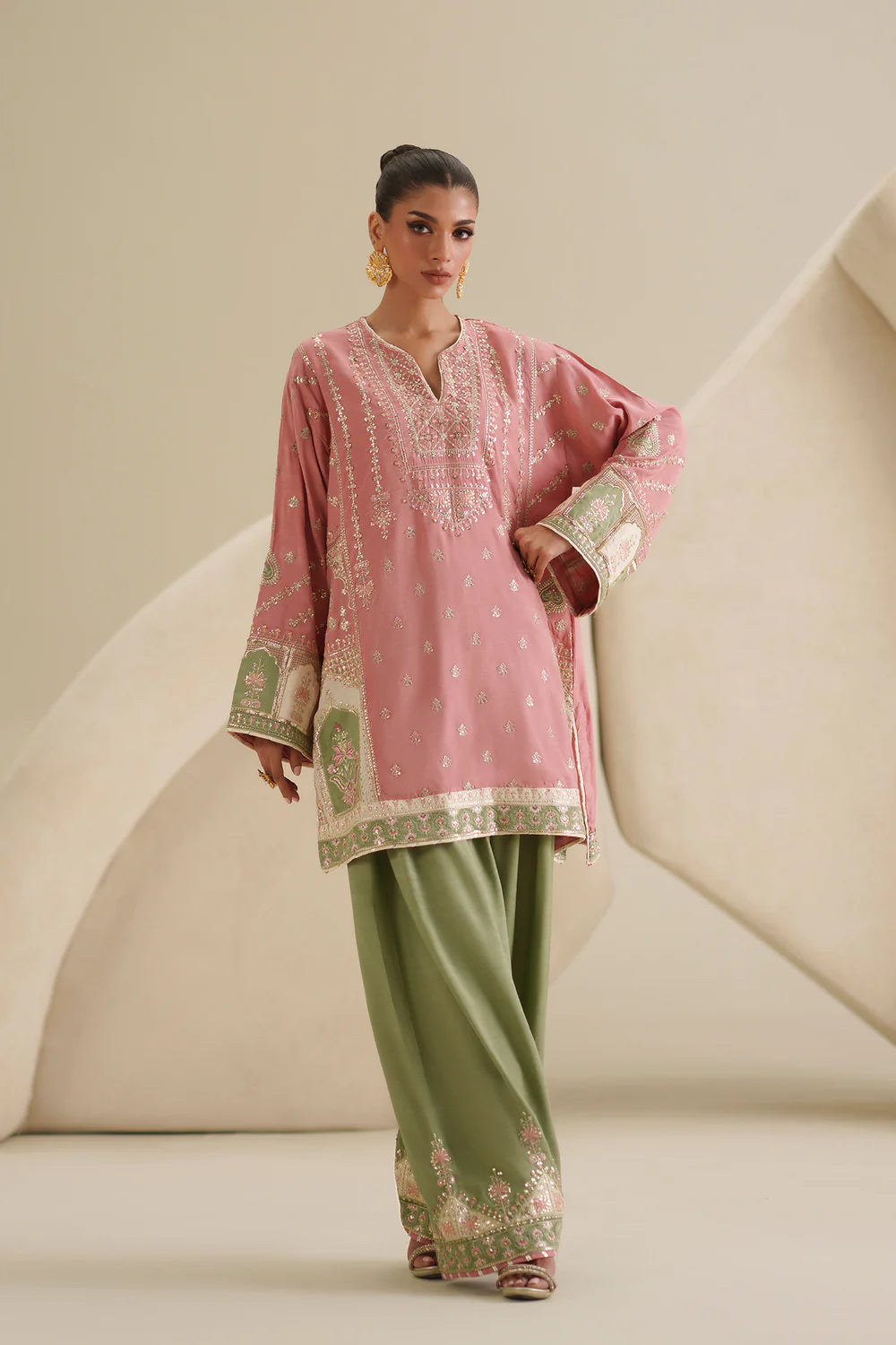 ETHNC Tea Embroidered 2-Piece Viscose Suit with Shalwar - Blush Pink & Olive Green