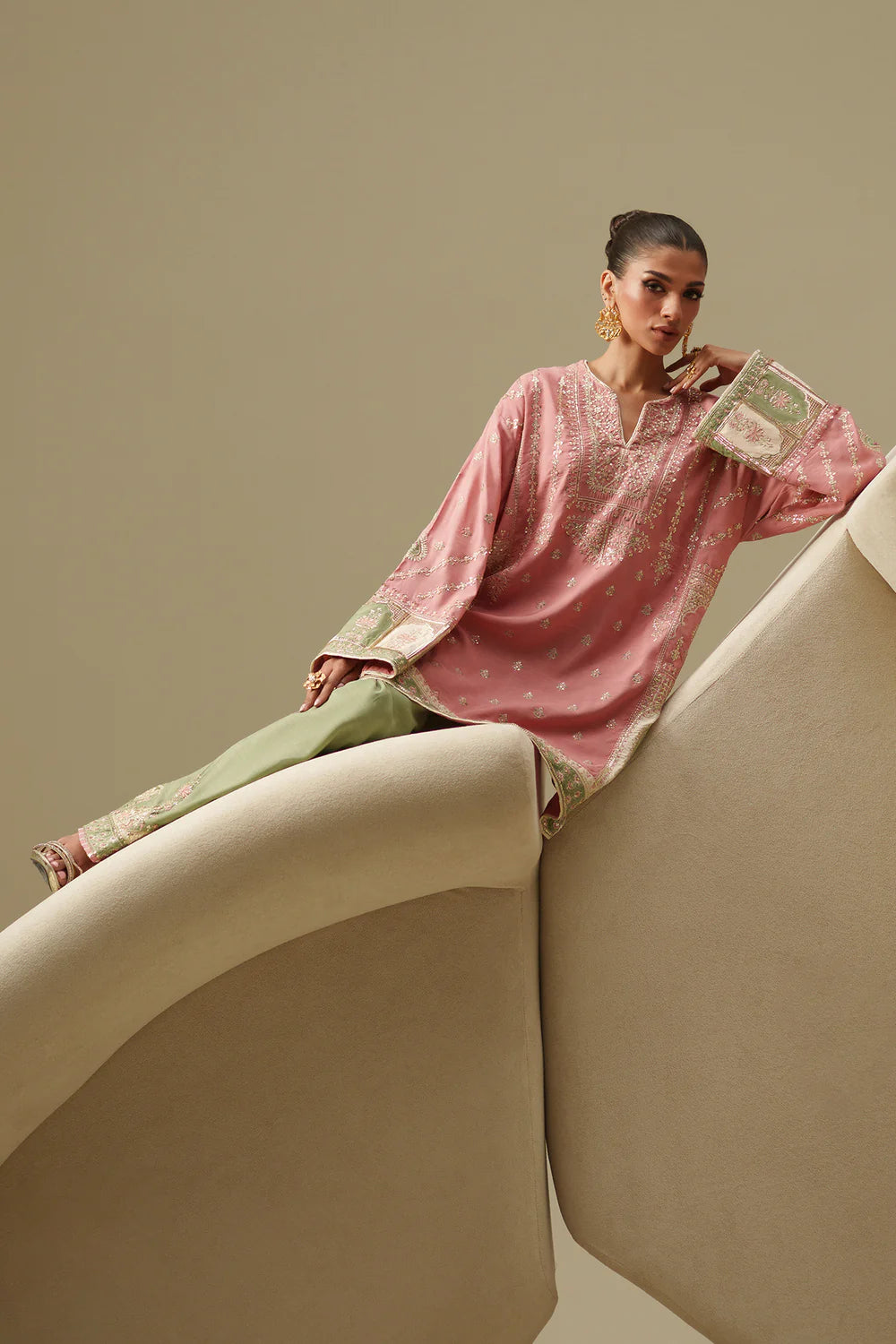 ETHNC Tea Embroidered 2-Piece Viscose Suit with Shalwar - Blush Pink & Olive Green