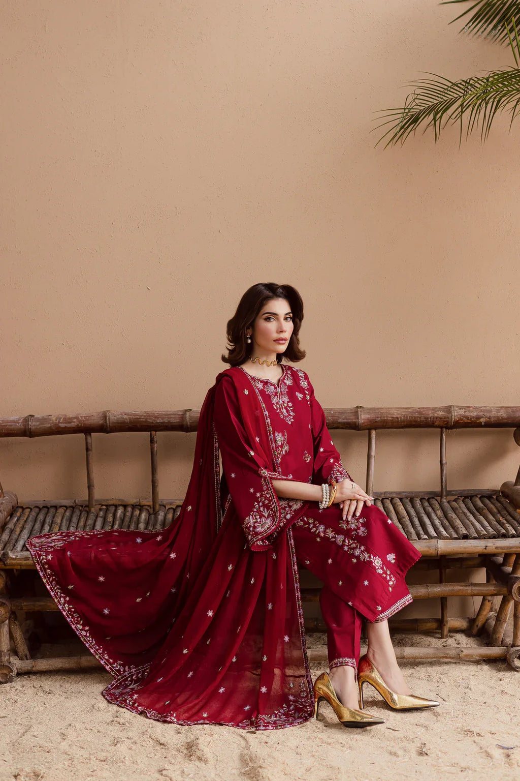 Gulposh by Misbah Embroidered 3-Piece Suit - Beet Red