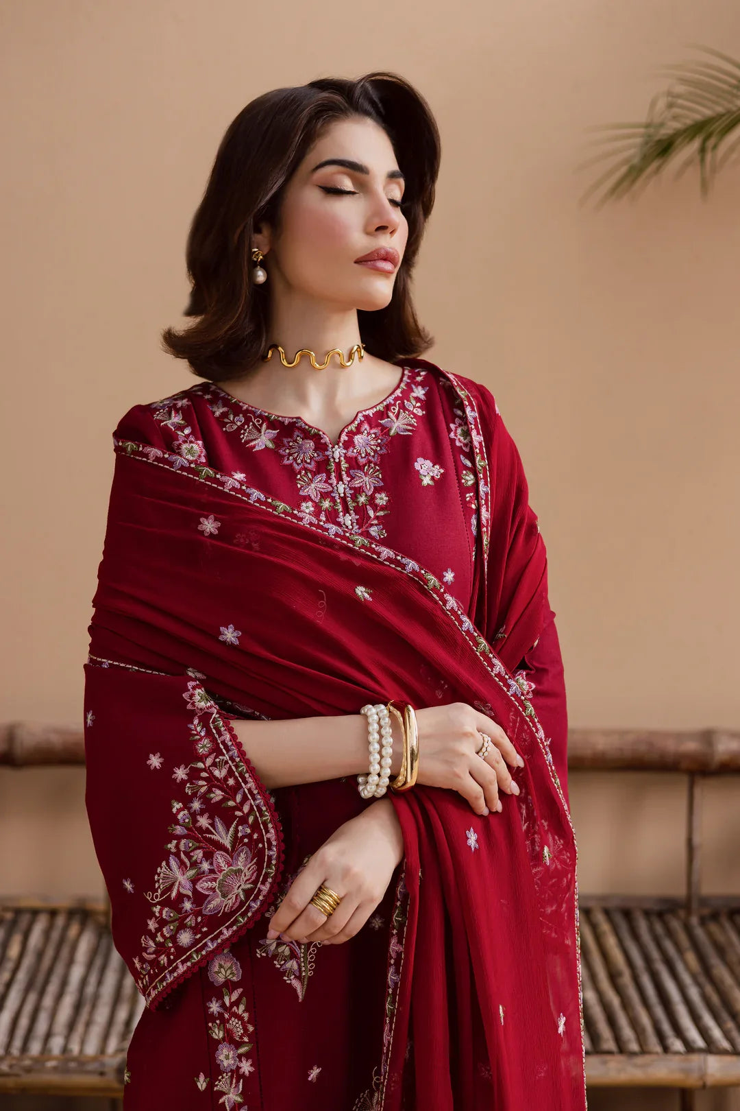 Gulposh by Misbah Embroidered 3-Piece Suit - Beet Red