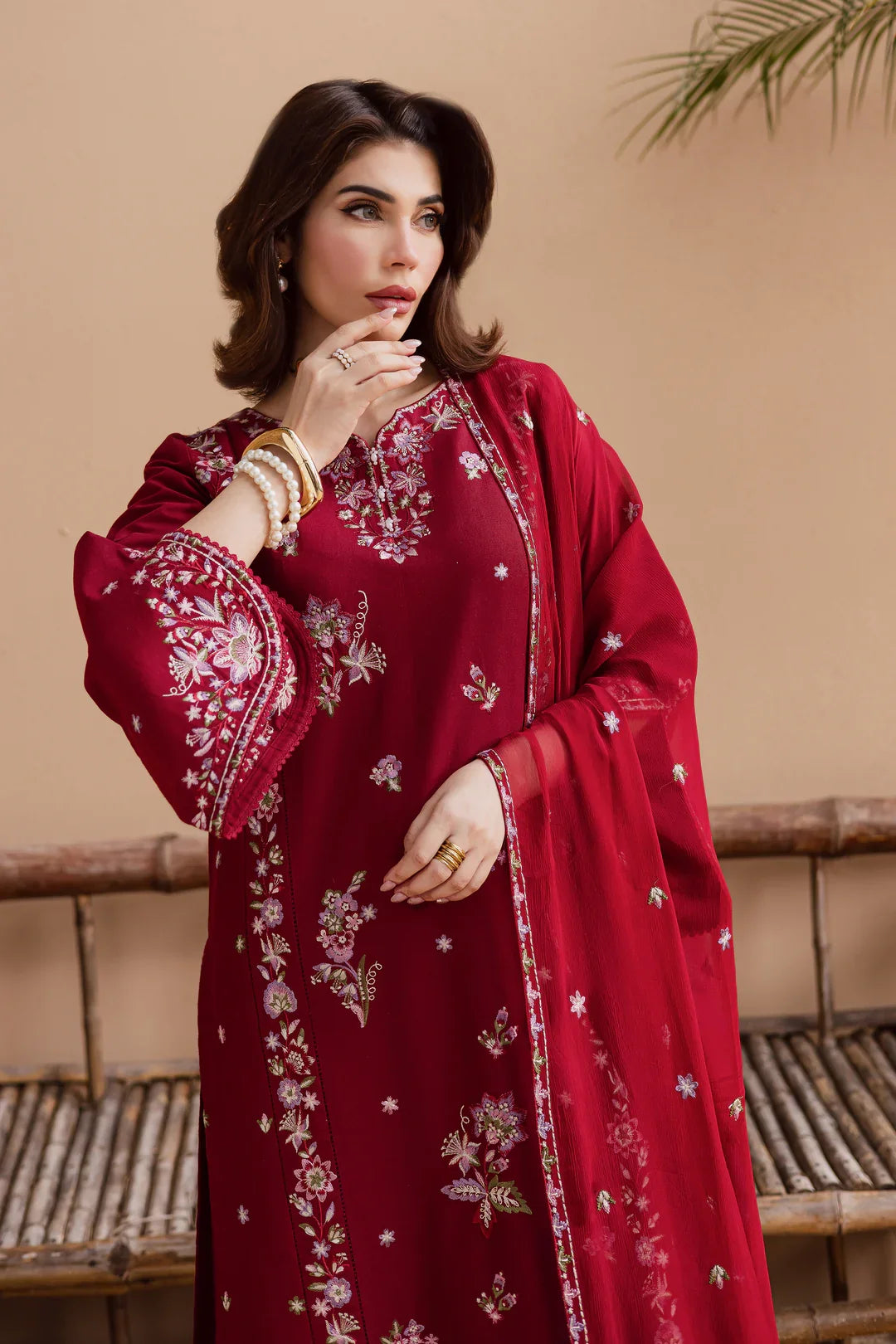 Gulposh by Misbah Embroidered 3-Piece Suit - Beet Red