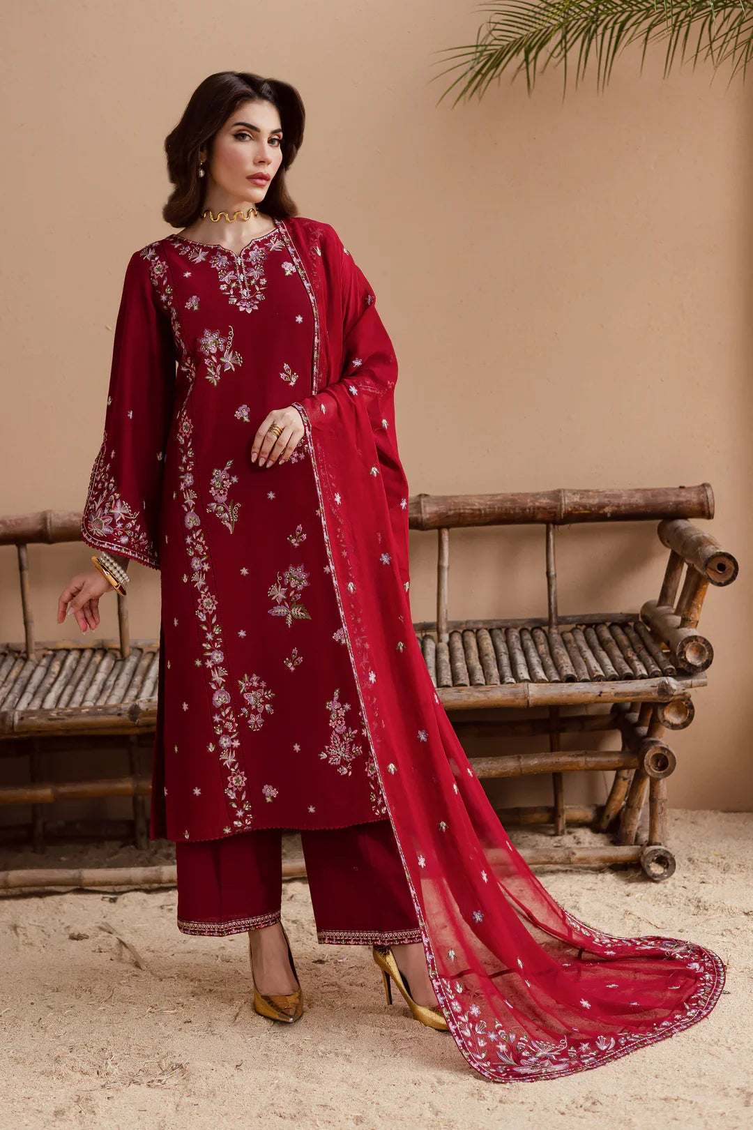 Gulposh by Misbah Embroidered 3-Piece Suit - Beet Red