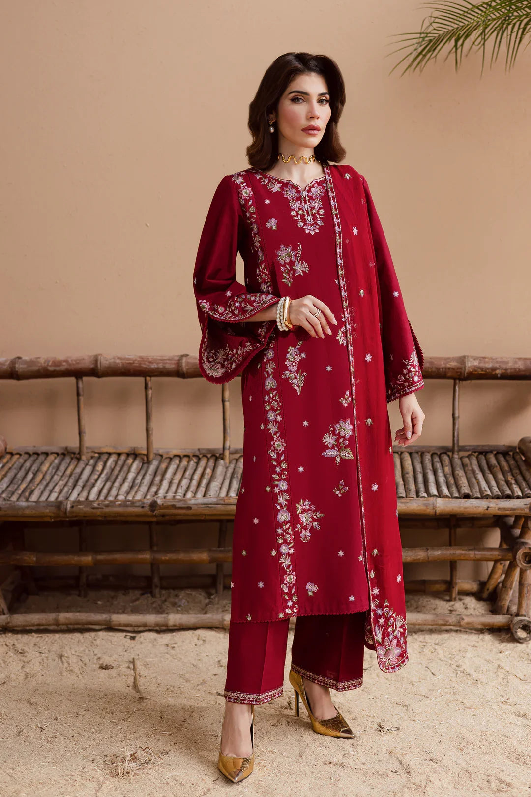 Gulposh by Misbah Embroidered 3-Piece Suit - Beet Red