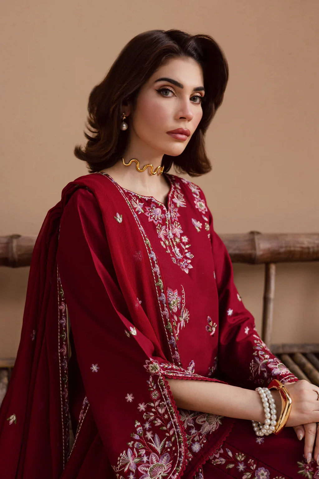 Gulposh by Misbah Embroidered 3-Piece Suit - Beet Red
