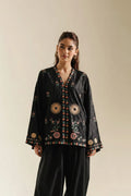 ETHNC Jet Black Celestial Embroidered Short Tunic with Sunburst Motifs