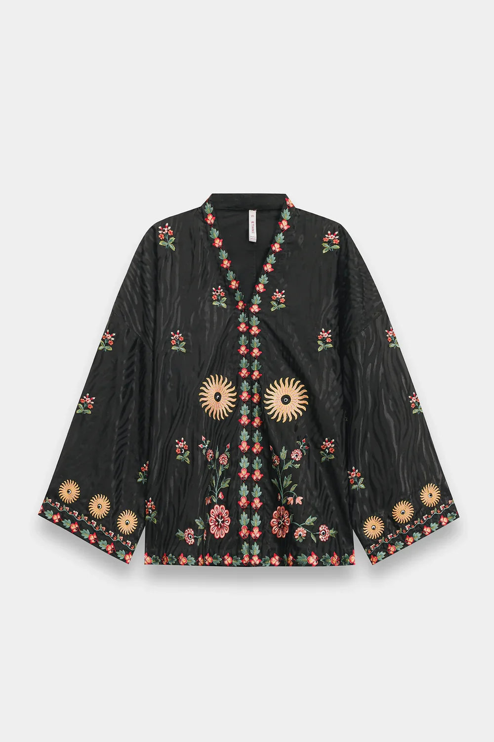 ETHNC Jet Black Celestial Embroidered Short Tunic with Sunburst Motifs