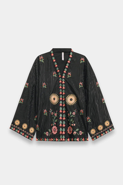 ETHNC Jet Black Celestial Embroidered Short Tunic with Sunburst Motifs