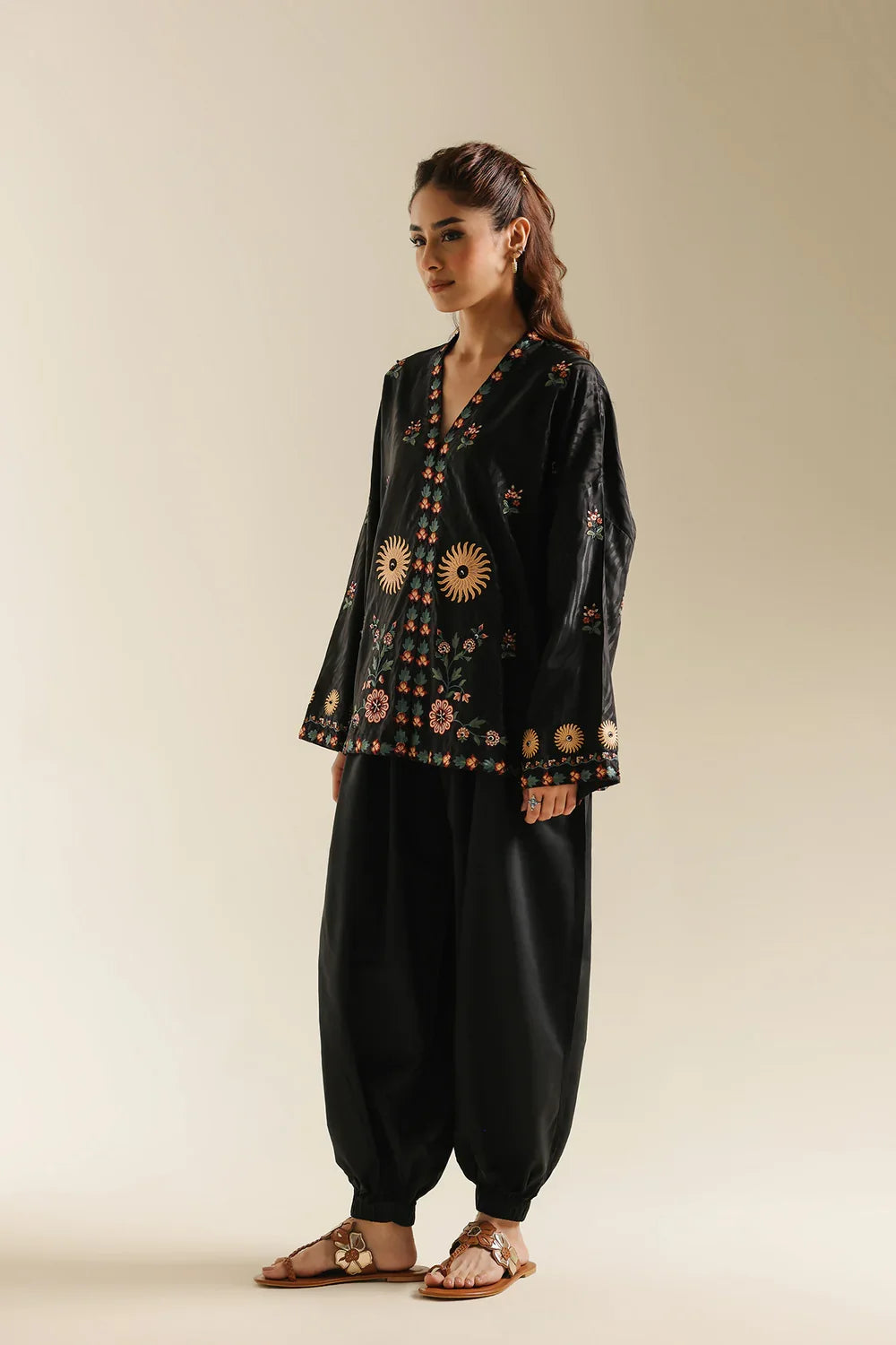ETHNC Jet Black Celestial Embroidered Short Tunic with Sunburst Motifs