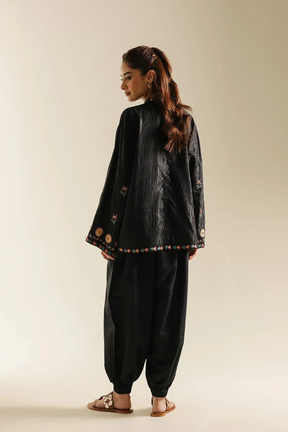 ETHNC Jet Black Celestial Embroidered Short Tunic with Sunburst Motifs