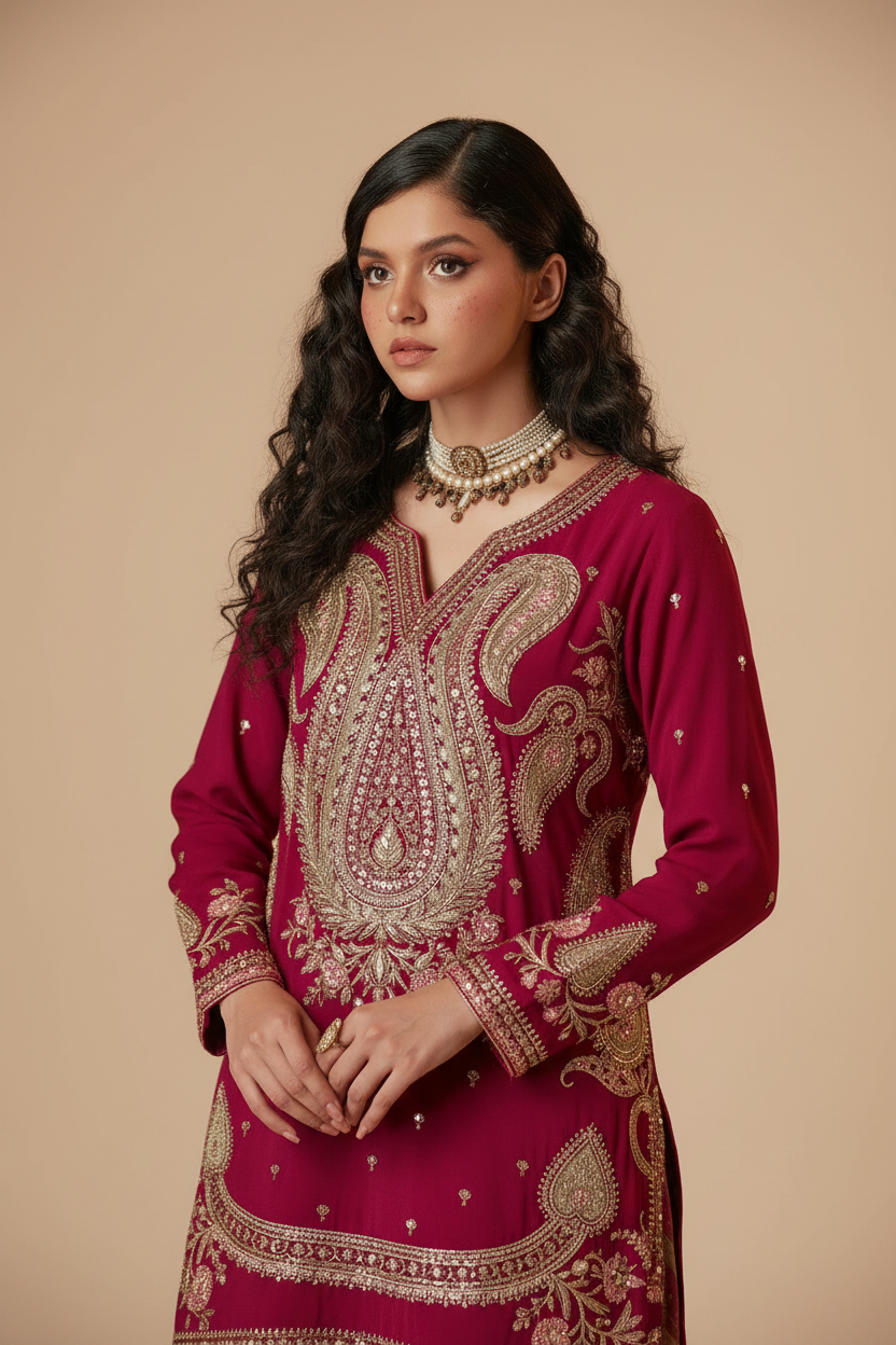 ETHNC Embroidered 2-Piece Stitched Raw Silk Suit - Maroon Red