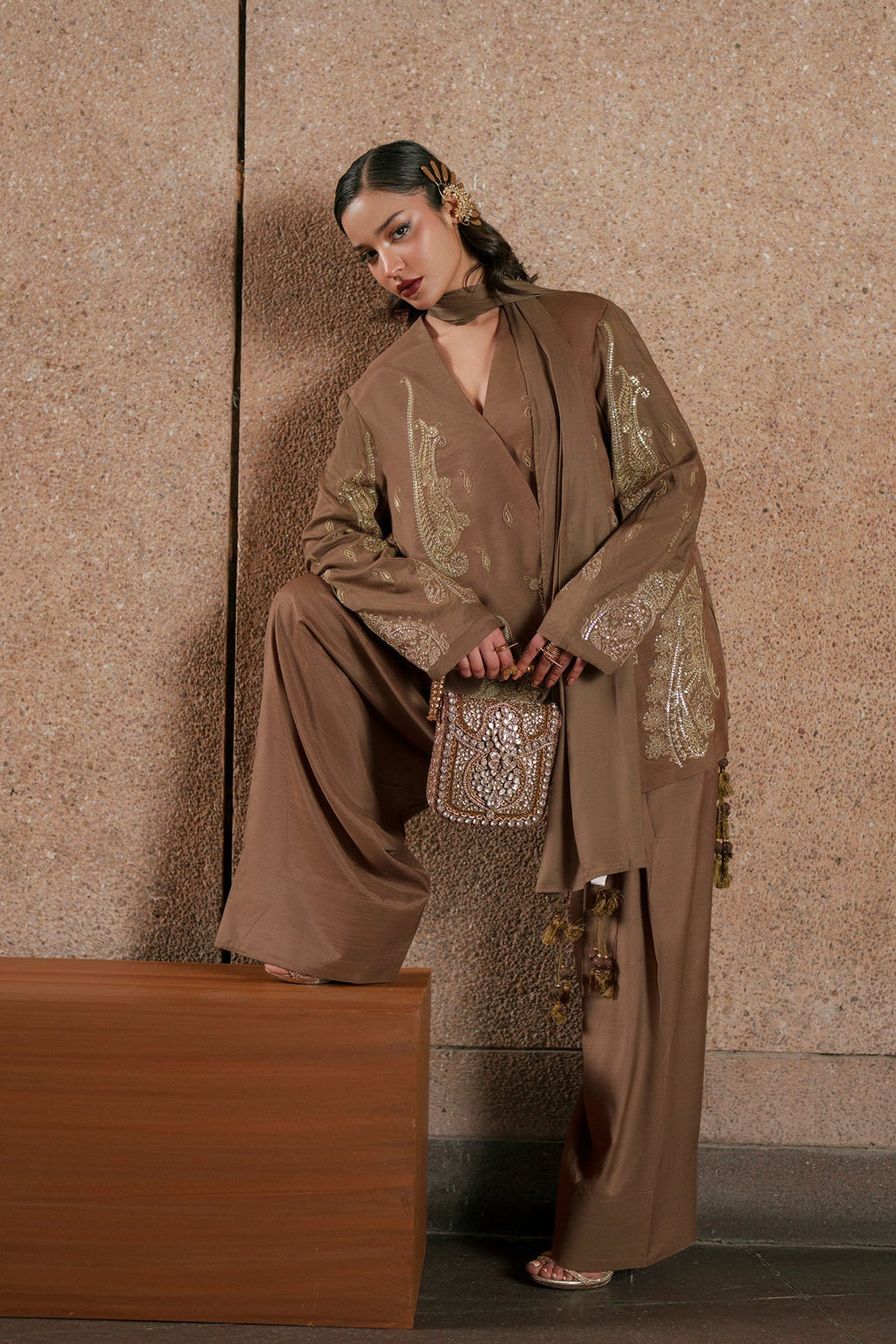 ETHNC Embroidered 3-Piece Stitched Luxury Suit with Matching Dupatta - Khaaki