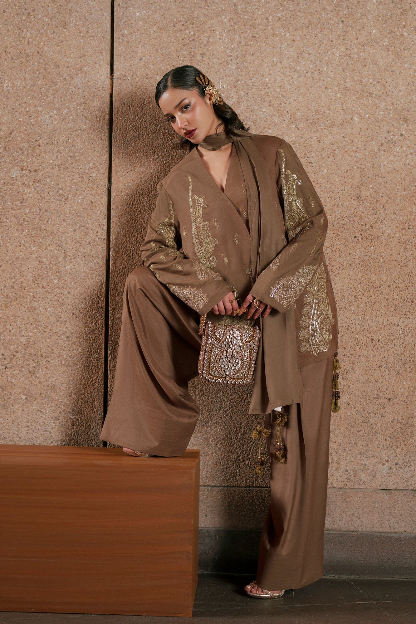 ETHNC Embroidered 3-Piece Stitched Luxury Suit with Matching Dupatta - Khaaki
