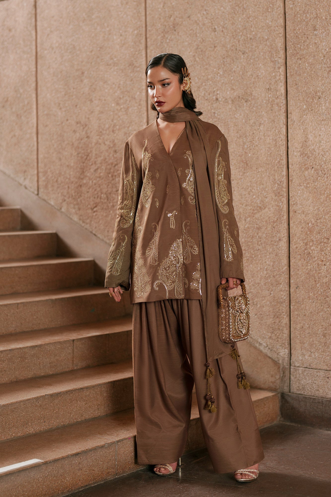 ETHNC Embroidered 3-Piece Stitched Luxury Suit with Matching Dupatta - Khaaki