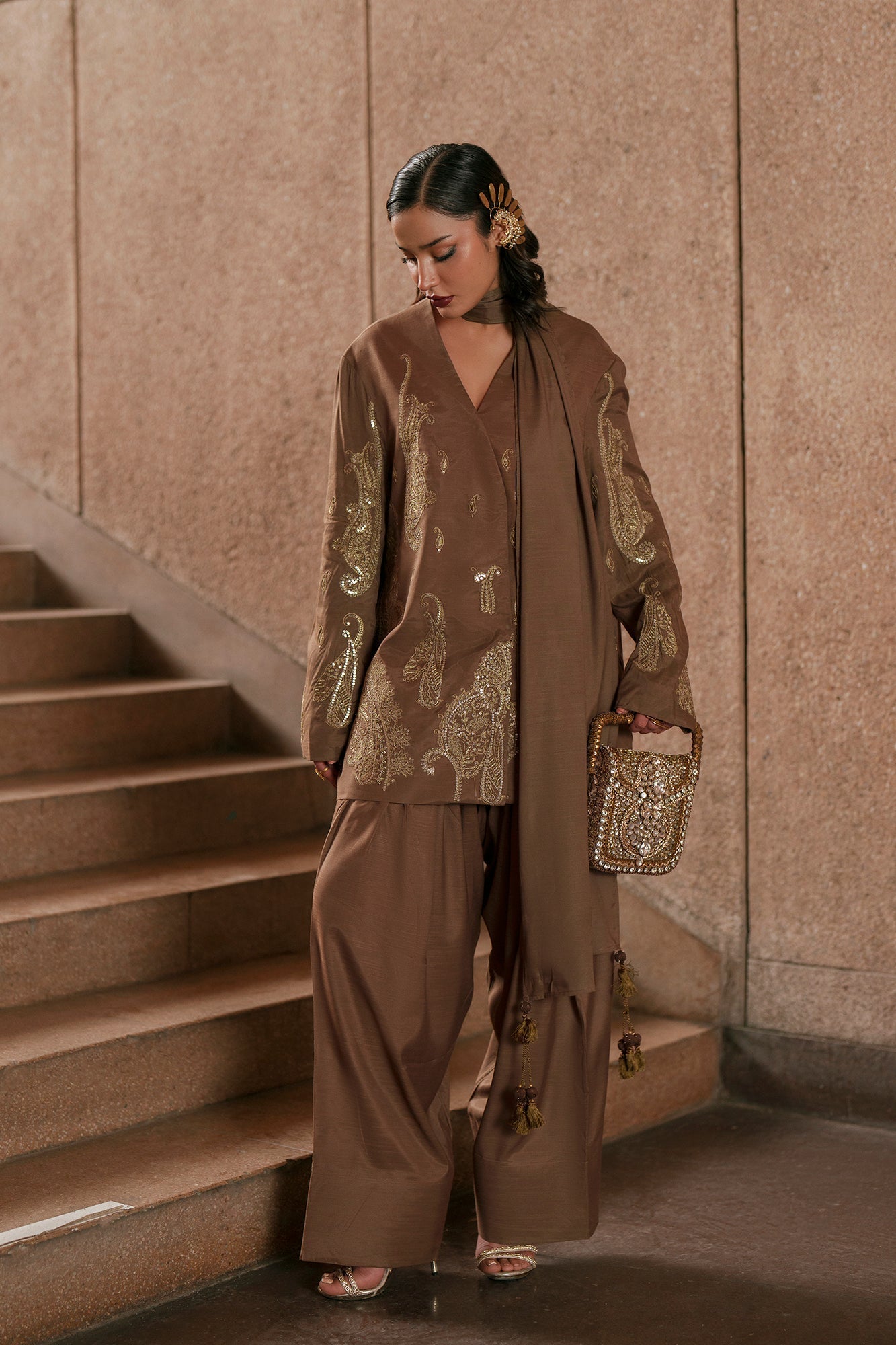 ETHNC Embroidered 3-Piece Stitched Luxury Suit with Matching Dupatta - Khaaki