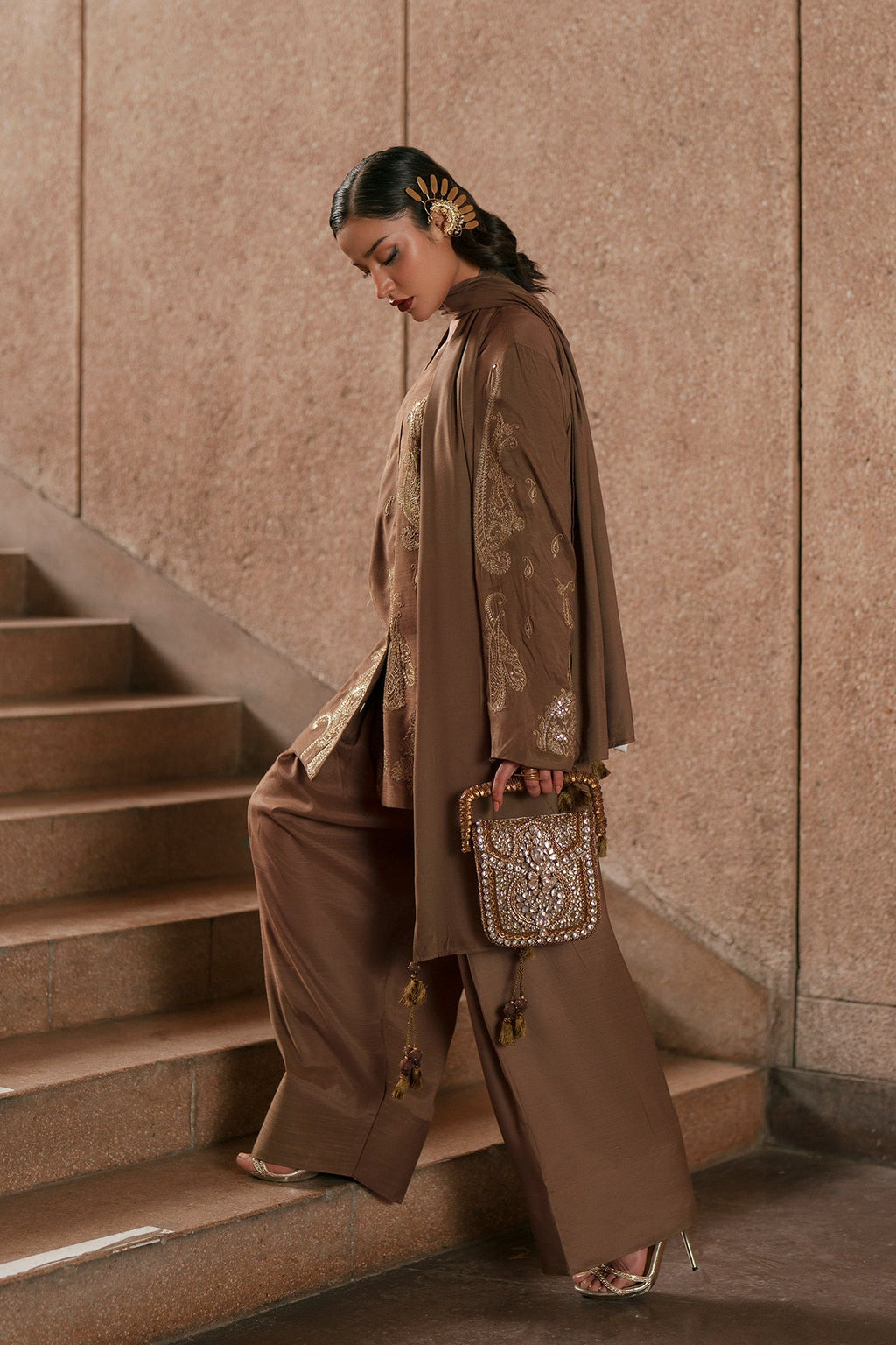 ETHNC Embroidered 3-Piece Stitched Luxury Suit with Matching Dupatta - Khaaki