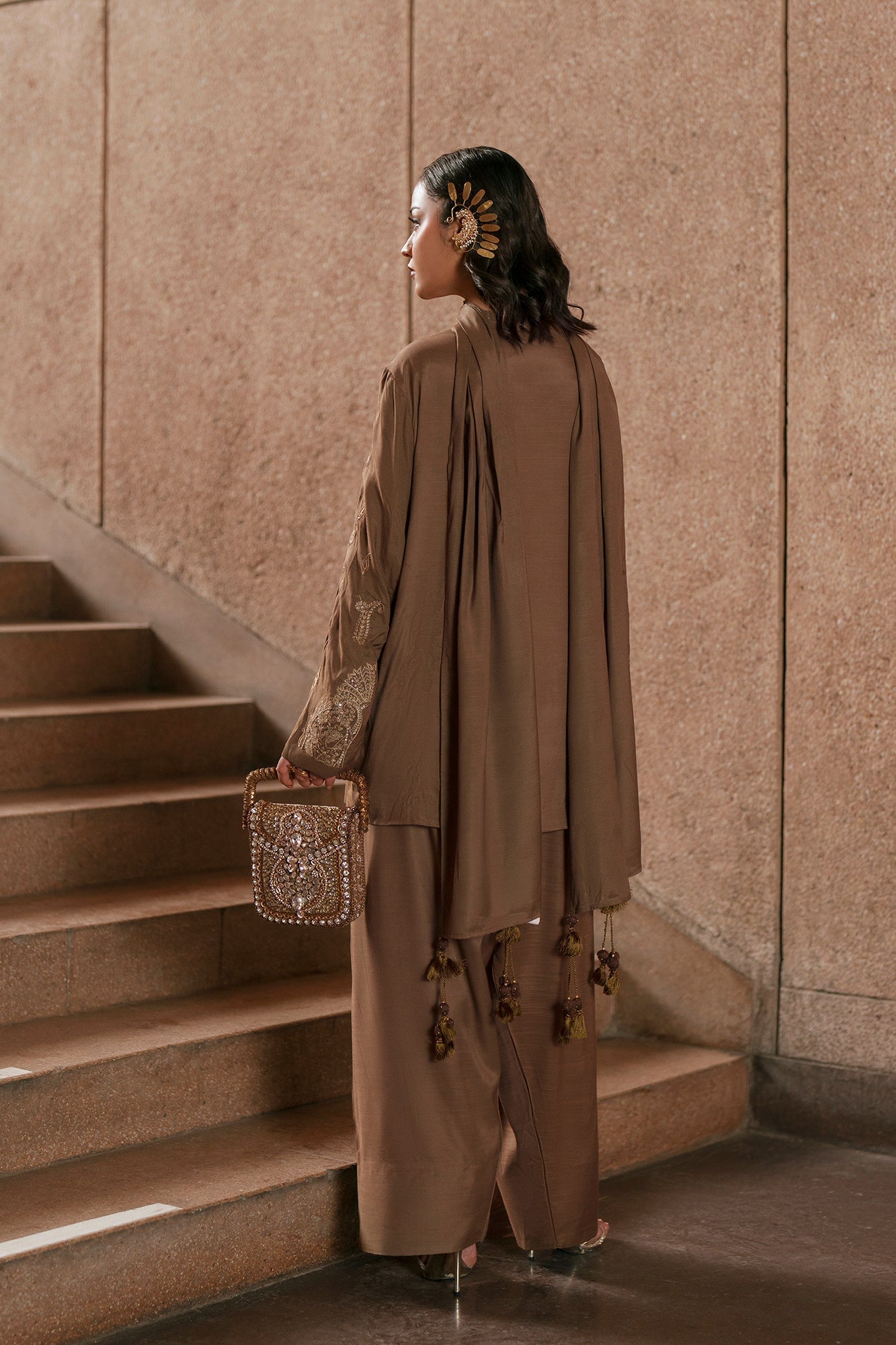 ETHNC Embroidered 3-Piece Stitched Luxury Suit with Matching Dupatta - Khaaki
