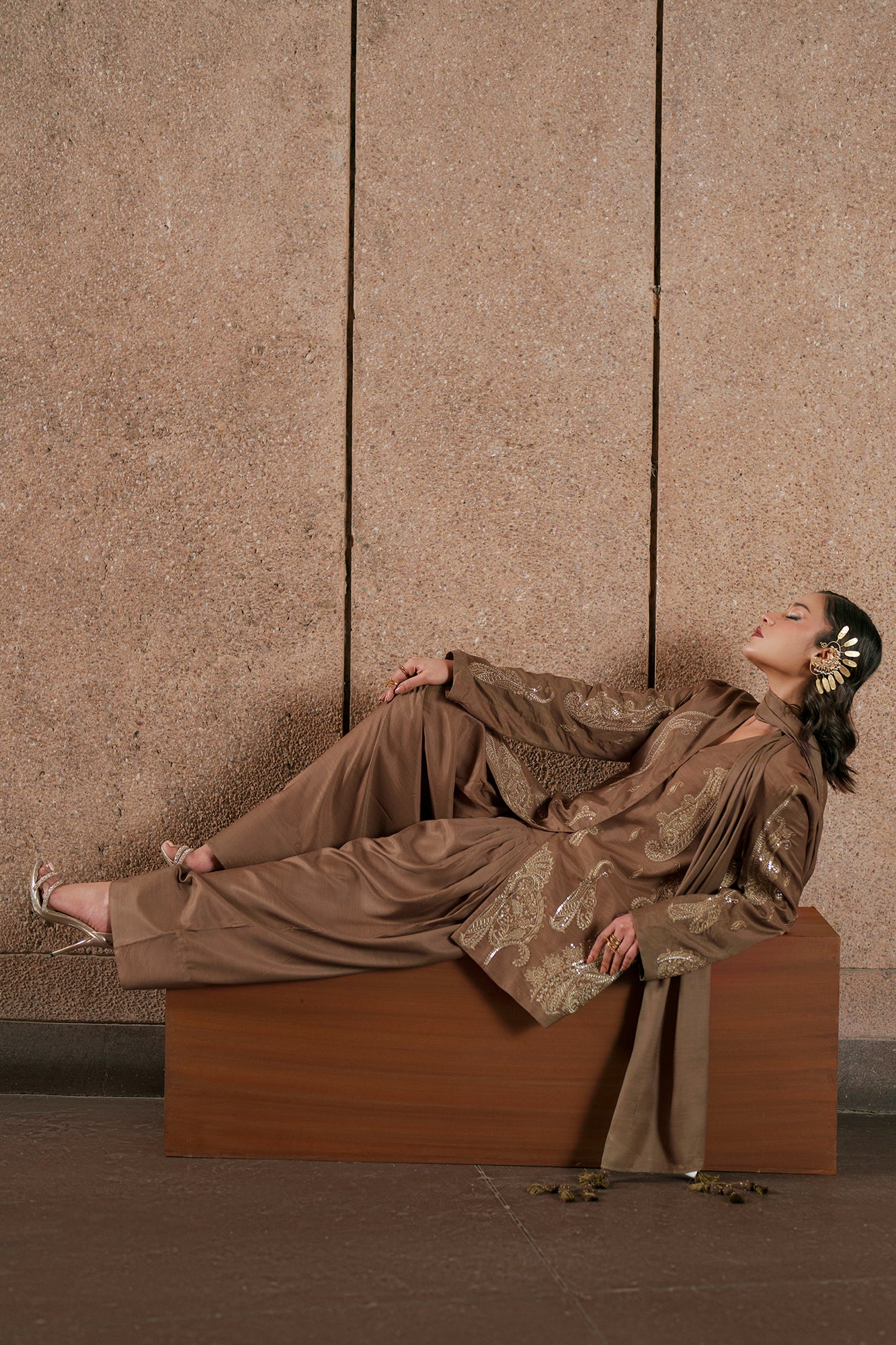 ETHNC Embroidered 3-Piece Stitched Luxury Suit with Matching Dupatta - Khaaki