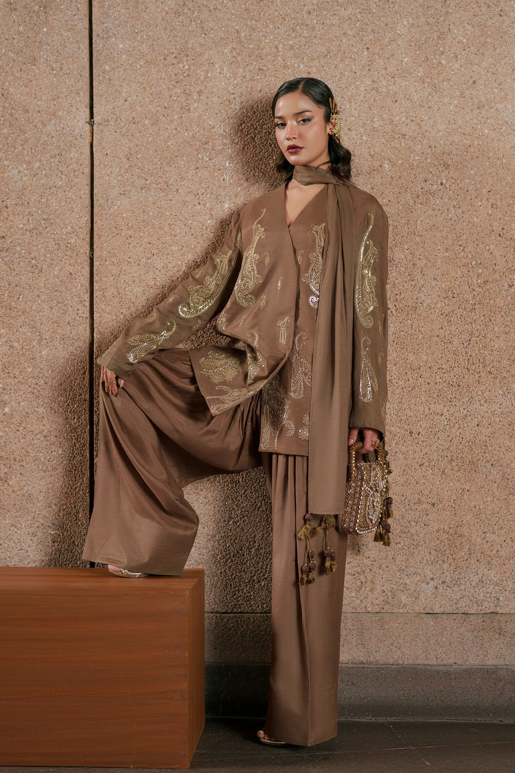 ETHNC Embroidered 3-Piece Stitched Luxury Suit with Matching Dupatta - Khaaki