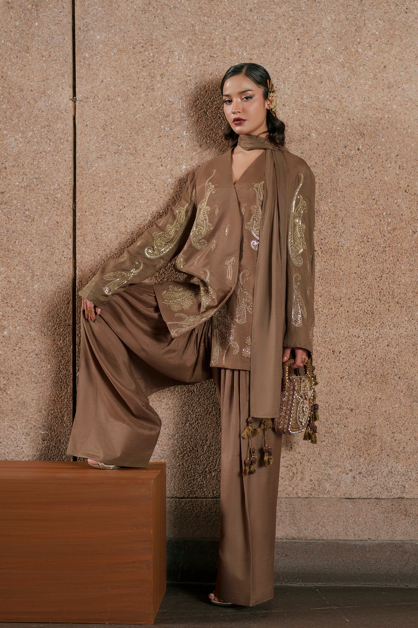 ETHNC Embroidered 3-Piece Stitched Luxury Suit with Matching Dupatta - Khaaki