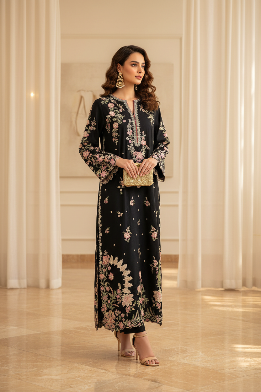 ETHNC Jet Black Boutique Embroidered Loose-Fit Long Kaftan