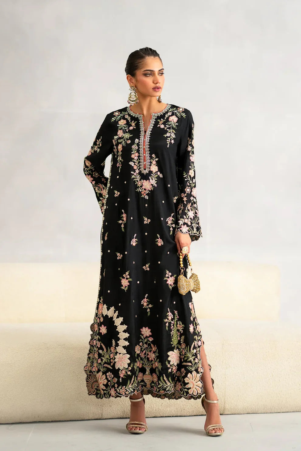 ETHNC Jet Black Boutique Embroidered Loose-Fit Long Kaftan