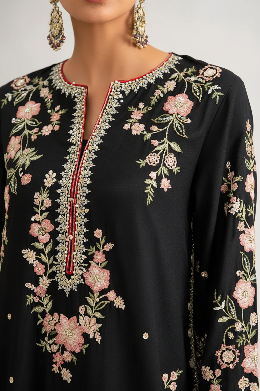ETHNC Jet Black Boutique Embroidered Loose-Fit Long Kaftan