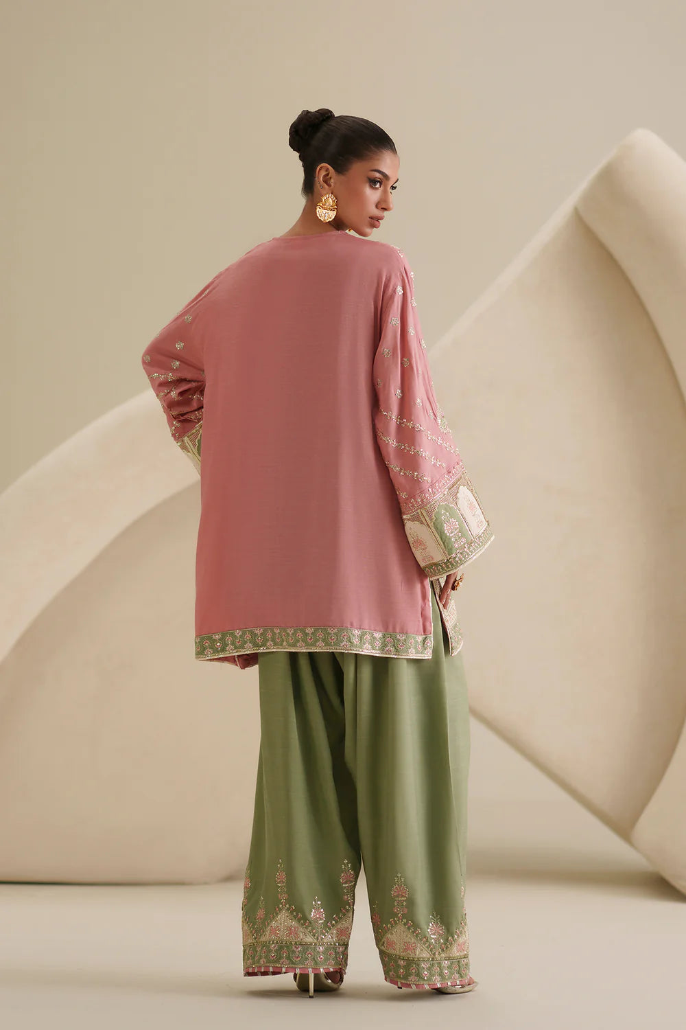 ETHNC Tea Embroidered 2-Piece Viscose Suit with Shalwar - Blush Pink & Olive Green