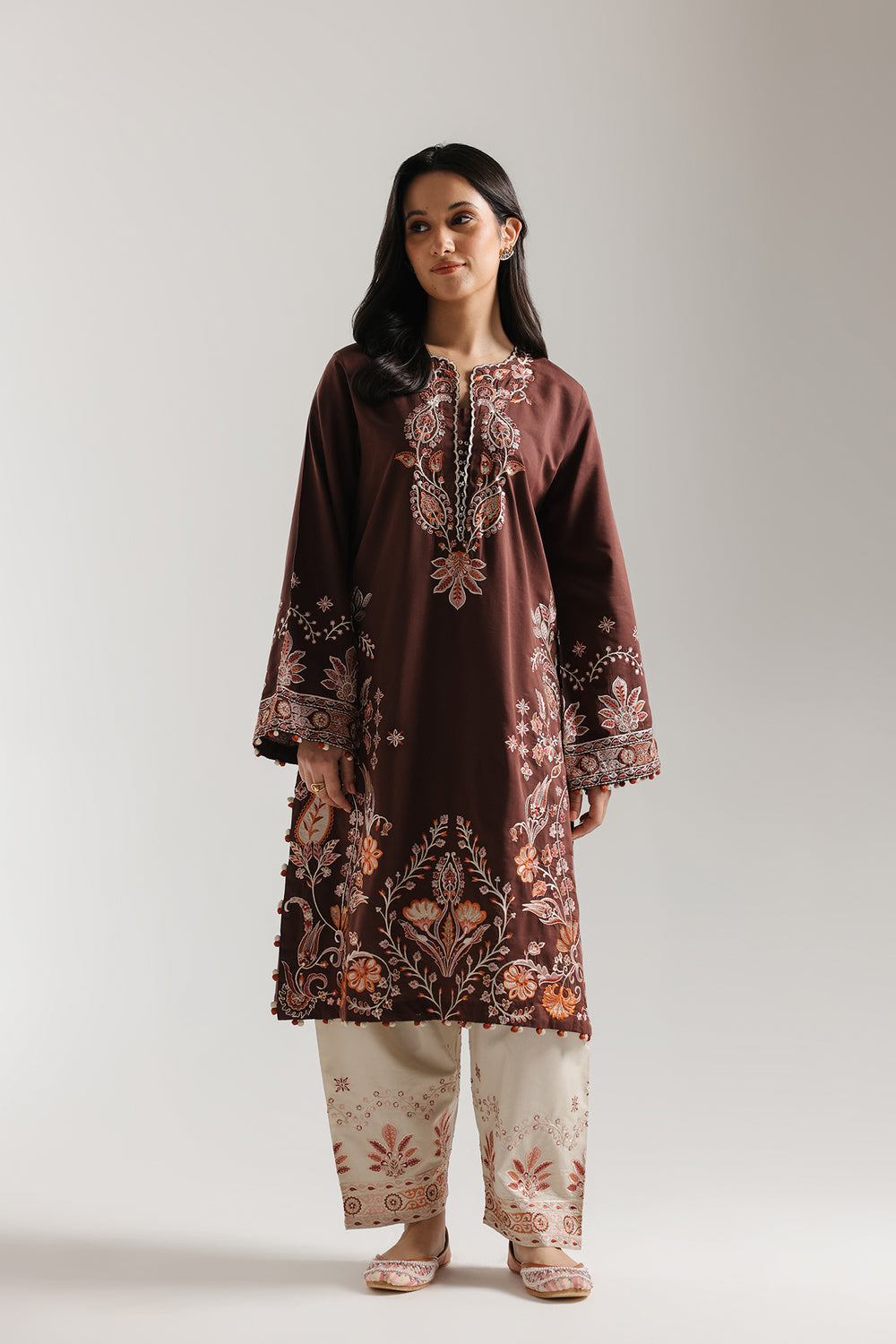 ETHNC Chocolate Embroidered 2-Piece Stitched Suit with Cream Print Shalwar - Brown