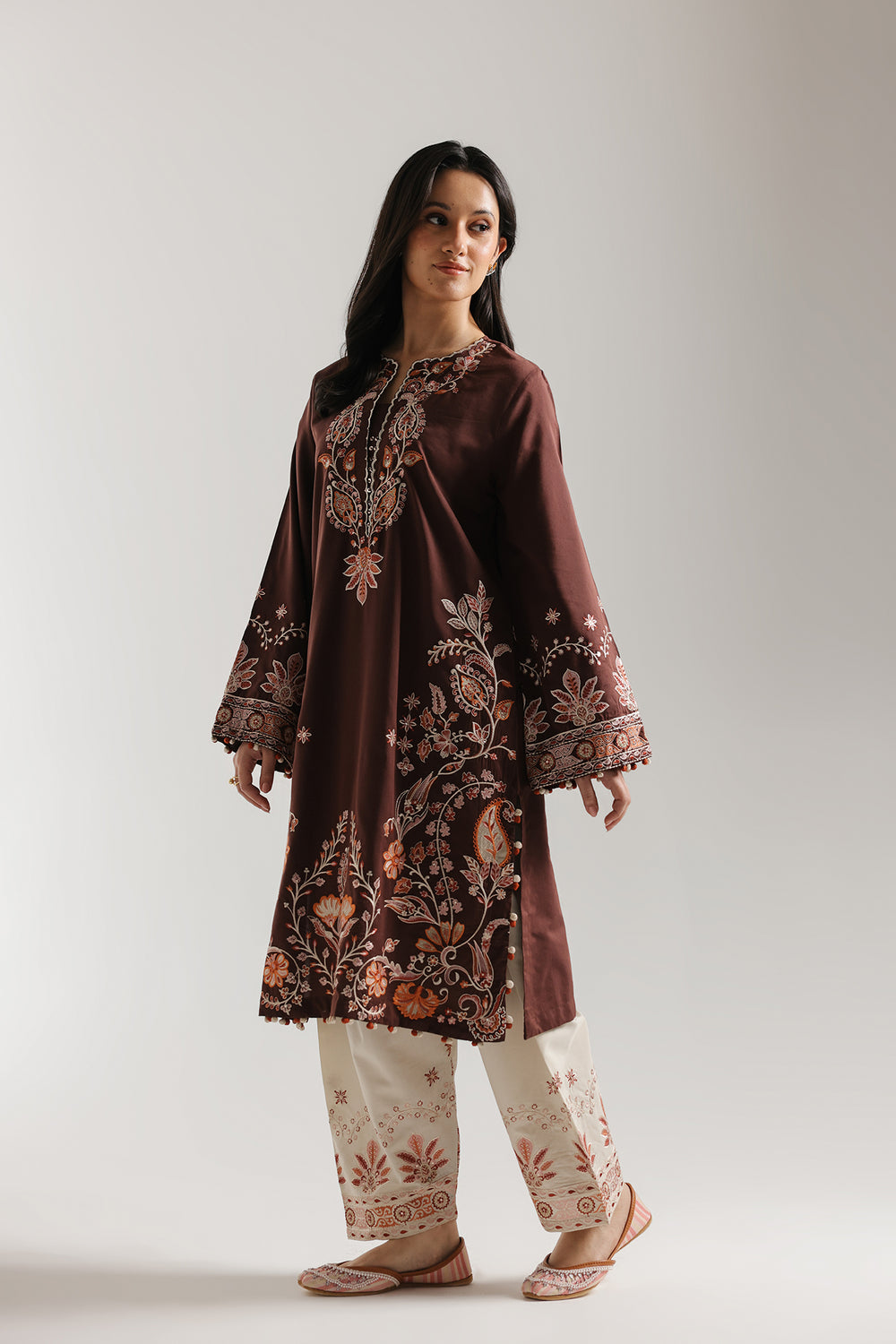ETHNC Chocolate Embroidered 2-Piece Stitched Suit with Cream Print Shalwar - Brown