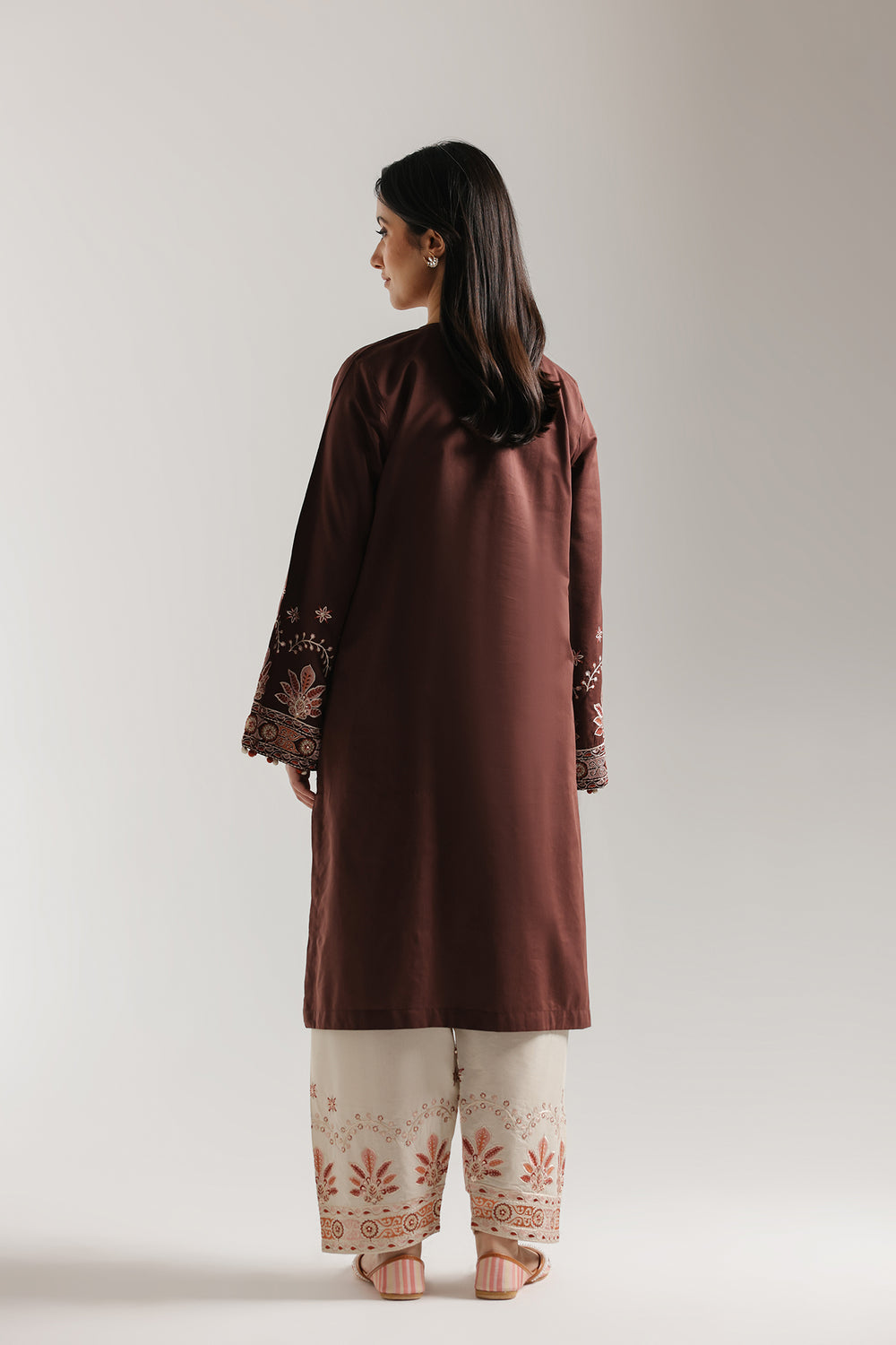 ETHNC Chocolate Embroidered 2-Piece Stitched Suit with Cream Print Shalwar - Brown