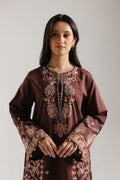 ETHNC Chocolate Embroidered 2-Piece Stitched Suit with Cream Print Shalwar - Brown