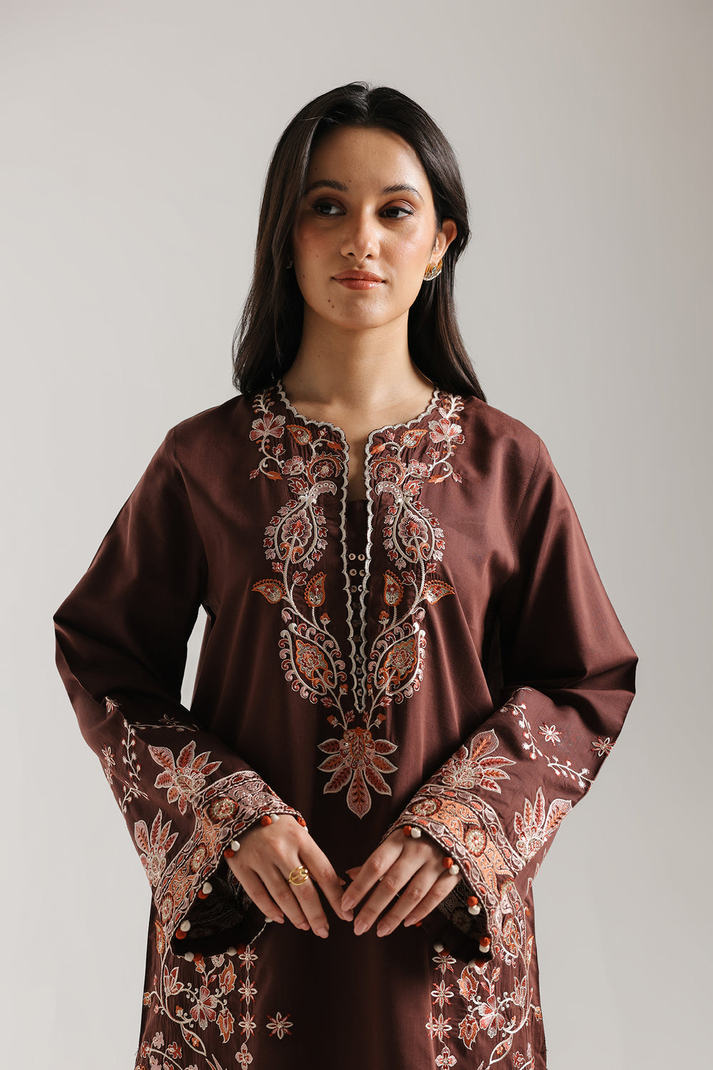ETHNC Chocolate Embroidered 2-Piece Stitched Suit with Cream Print Shalwar - Brown