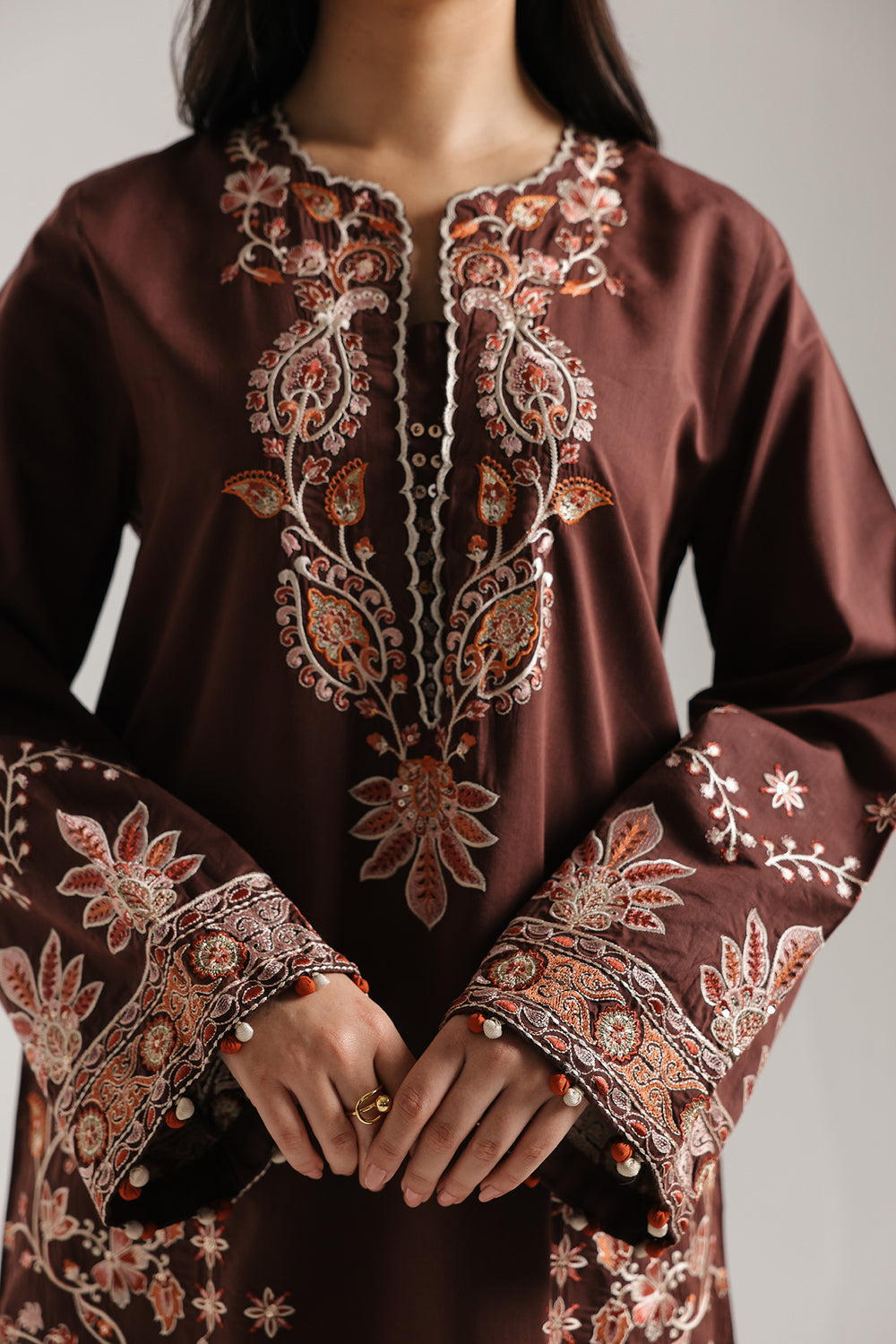 ETHNC Chocolate Embroidered 2-Piece Stitched Suit with Cream Print Shalwar - Brown